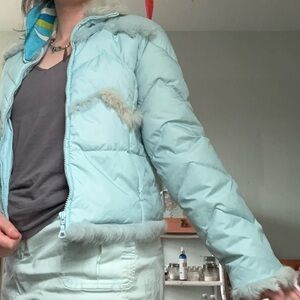 Vintage Y2K Light Blue Rabbit fur Trimmed Winter Jacket